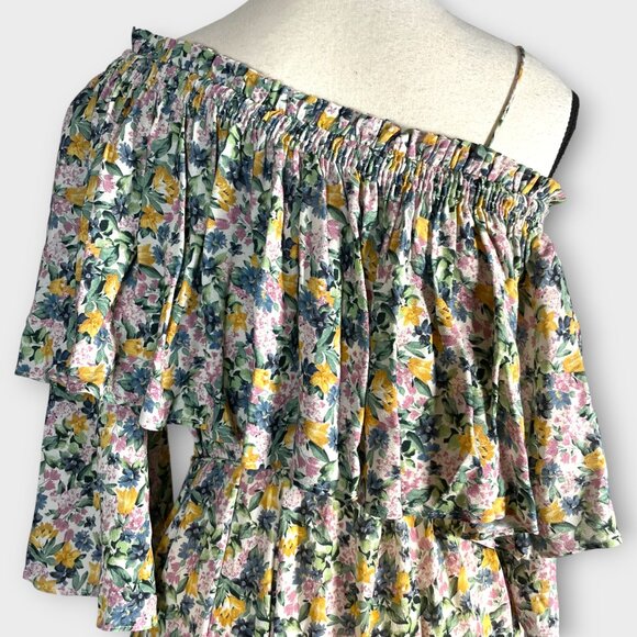 Mango MNG Off One Shoulder Dress Sz SMALL Floral Ruffle Tie Belt NEW - Picture 7 of 14